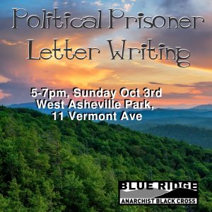 An appalachian sunset with the words "Political Prisoner Letter Writing | 5-7pm, Sunday Oct 3rd | West Asheville Park, 11 Vermont Ave"