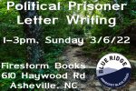 Political Prisoner Letter Writing flyer feautinrg a background of an appalachian forest scene