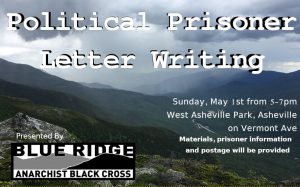 Rainy Appalachian landscape with "Politlcal Prisoner Letter Writing" flyer imprinted