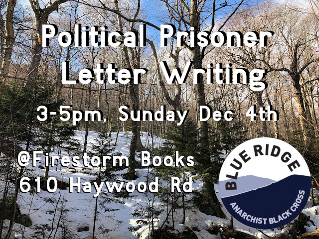"Political Prisoner Letter Writing | 3-5pm, Sunday Dec 4th | Firestorm Books, 610 Haywood Rd" over a snowy, Appalachian landscape and the BRABC circle logo