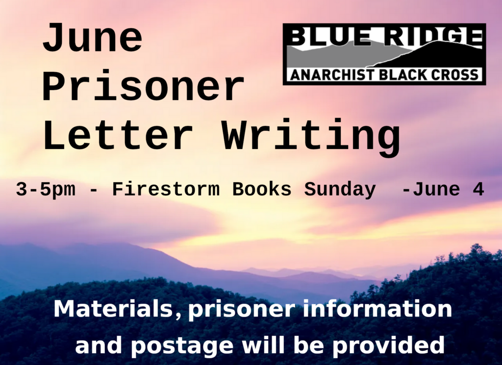 Appalachian sunrise in June featuring "June Prisoner Letter WRiting, 3-5pm, Firestorm Books, June 4th. Materials, prisoner information and postage will be provided"