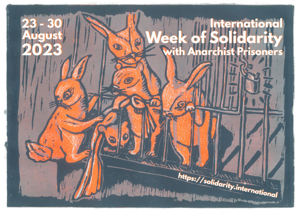 Watercolor of rabbits helping each other escape a cage, "23-30 August 2023, International Week of Solidarity with Anarchist Prisoners"