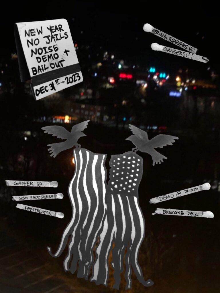 blurry picture of downtown Asheville with an overlaid black & white USA flag shredded and pulled in half by two crows and notes about the event appearing on torn-out matches from a book (those details are in the article this is posted to)