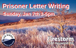 January landscape in southern Appalachia with icy grass and barren trees, "Prisoner Letter Writing | Sunday, Jan 7th 3-5pm, Firestorm 1022 Haywood Rd | Blue Ridge ABC"
